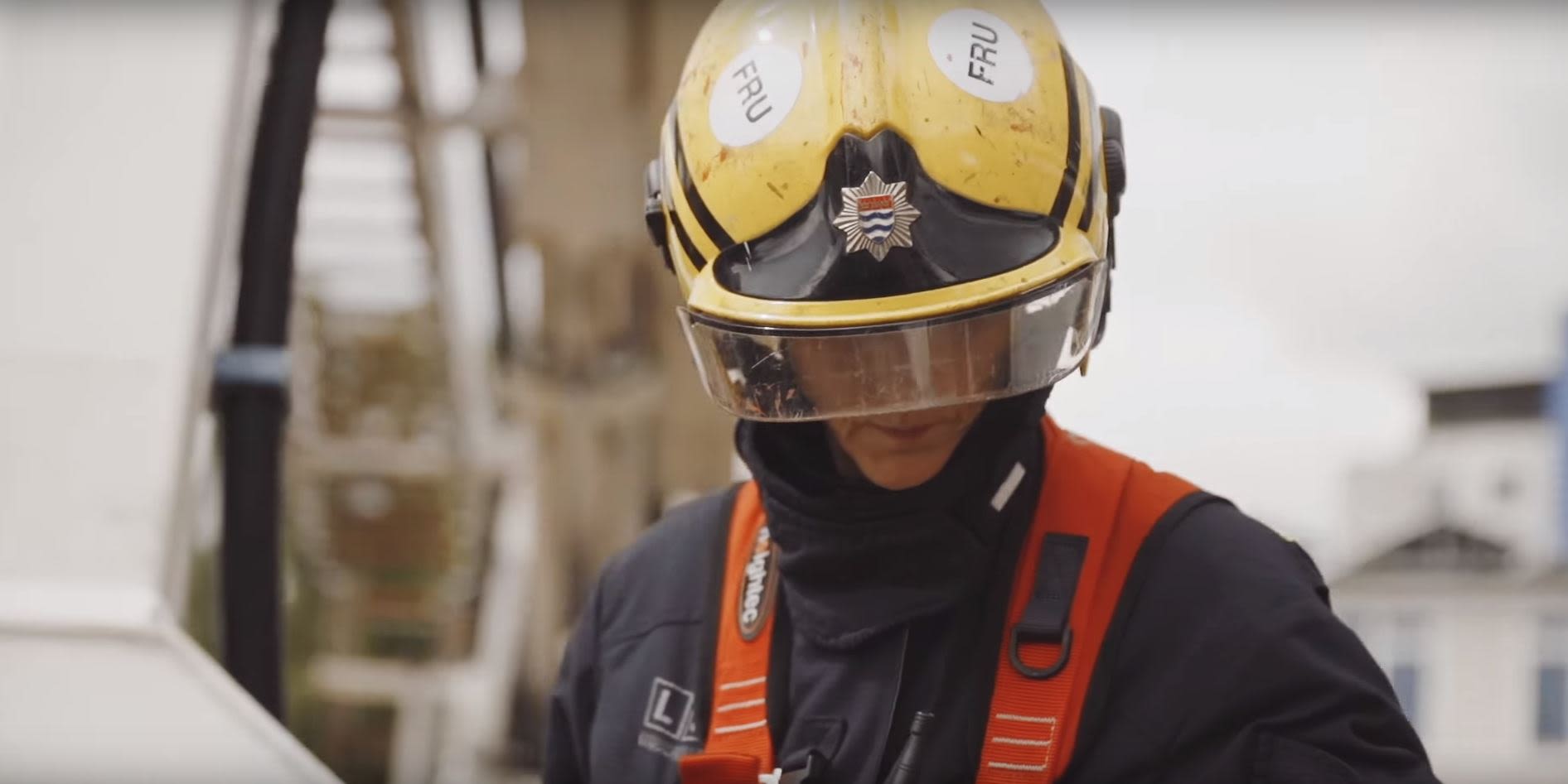 Firefighter in helment close up